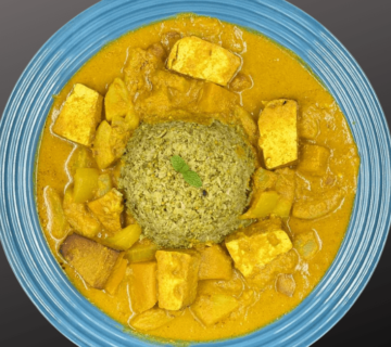 Broccoli Rice And Smoked Tofu with vegetable curry